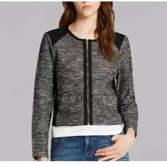 Eileen Fisher Black And White Tweed Knit Zip Front Jacket Women’s Sz Medium